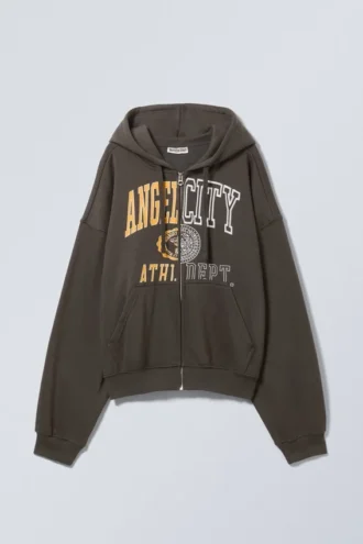Sudadera con capucha y cremallera de corte recto con estampados – Gris oscuro – Angel City Sudadera con capucha y cremallera de corte recto con estampados – Gris oscuro – Angel City
