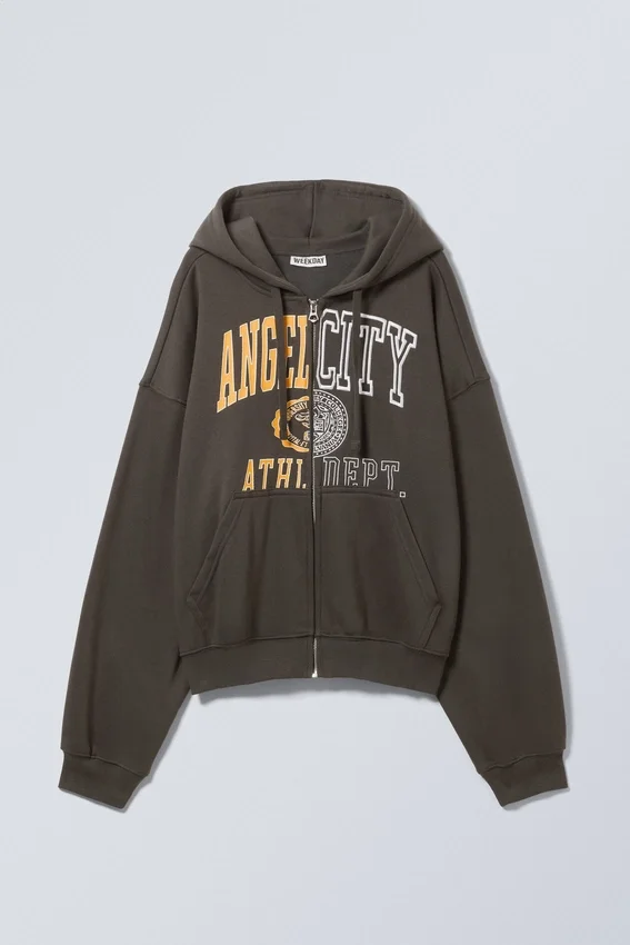 Sudadera con capucha y cremallera de corte recto con estampados – Gris oscuro – Angel City Sudadera con capucha y cremallera de corte recto con estampados – Gris oscuro – Angel City