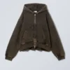 Sudadera con capucha y cremallera de corte recto – Marrón lavado