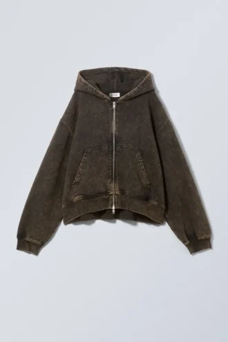 Sudadera con capucha y cremallera de corte recto – Marrón lavado
