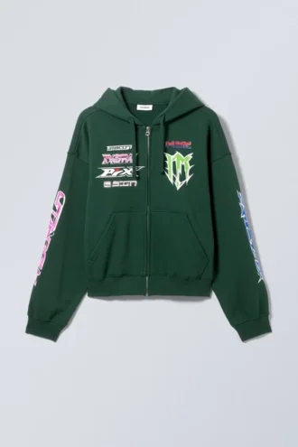 Sudadera con capucha y cremallera de corte recto y con estampados – Verde oscuro con estampados variados Sudadera con capucha y cremallera de corte recto y con estampados – Verde oscuro con estampados variados