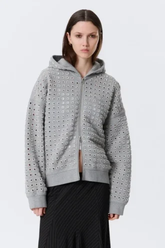 Sudadera con capucha y cremallera de corte recto y corte a láser – Gris jaspeado
