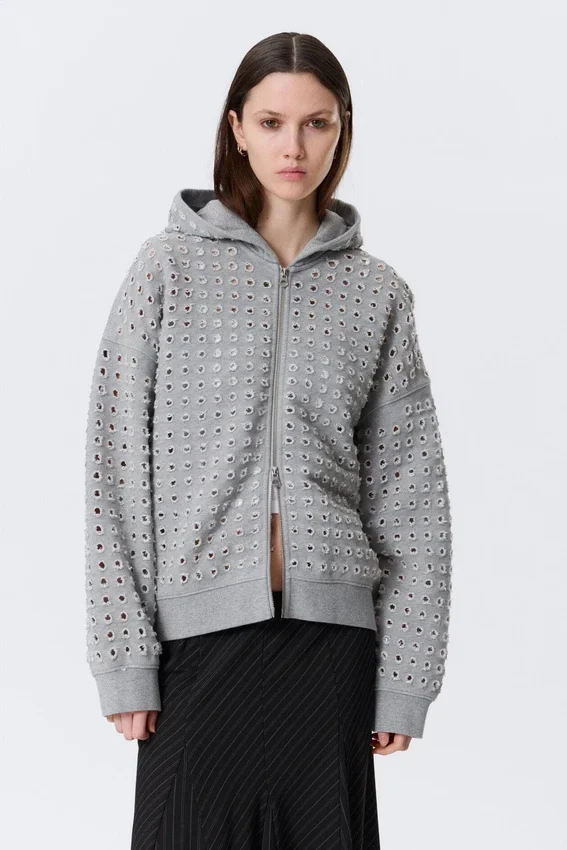 Sudadera con capucha y cremallera de corte recto y corte a láser – Gris jaspeado Sudadera con capucha y cremallera de corte recto y corte a láser – Gris jaspeado