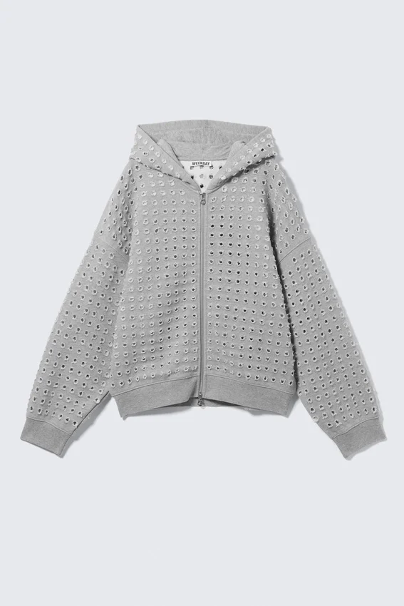 Sudadera con capucha y cremallera de corte recto y corte a láser – Gris jaspeado Sudadera con capucha y cremallera de corte recto y corte a láser – Gris jaspeado