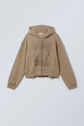 Sudadera con capucha y cremallera de corte recto y estampado, de tejido grueso – Beige oscuro