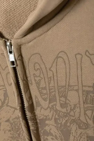 Sudadera con capucha y cremallera de corte recto y estampado, de tejido grueso – Beige oscuro