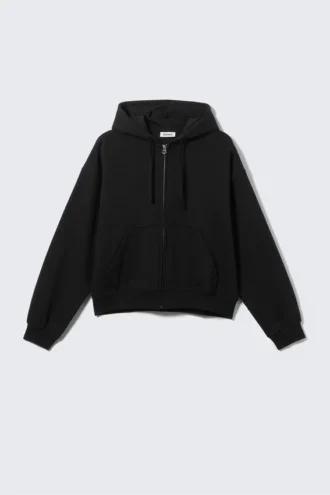 Sudadera con capucha y cremallera de corte recto y peso medio – Negro