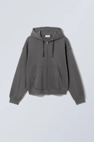 Sudadera con capucha y cremallera de corte recto y peso medio – negro mate