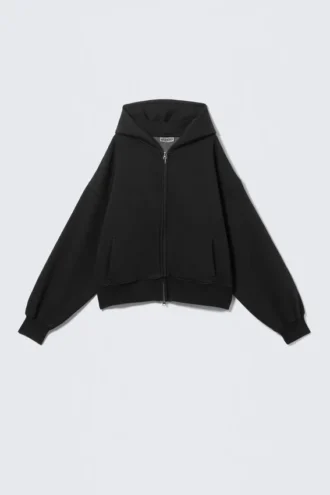 Sudadera con capucha y cremallera de corte recto y tejido grueso – Negro