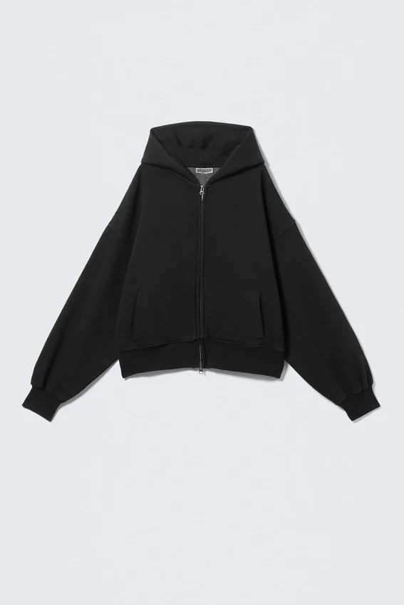 Sudadera con capucha y cremallera de corte recto y tejido grueso – Negro Sudadera con capucha y cremallera de corte recto y tejido grueso – Negro