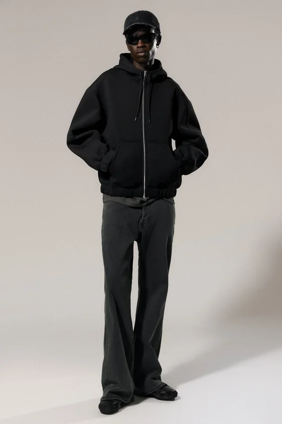 Sudadera con capucha y cremallera de estilo scuba holgada y cuello alto – Negro Sudadera con capucha y cremallera de estilo scuba holgada y cuello alto – Negro