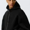 Sudadera con capucha y cremallera de estilo scuba holgada y cuello alto – Negro Sudadera con capucha y cremallera de estilo scuba holgada y cuello alto – Negro