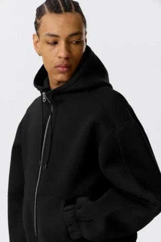 Sudadera con capucha y cremallera de estilo scuba holgada y cuello alto – Negro