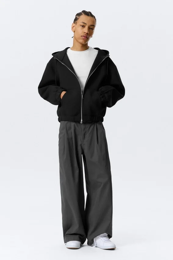 Sudadera con capucha y cremallera de estilo scuba holgada y cuello alto – Negro Sudadera con capucha y cremallera de estilo scuba holgada y cuello alto – Negro
