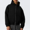 Sudadera con capucha y cremallera de estilo scuba holgada y cuello alto – Negro Sudadera con capucha y cremallera de estilo scuba holgada y cuello alto – Negro