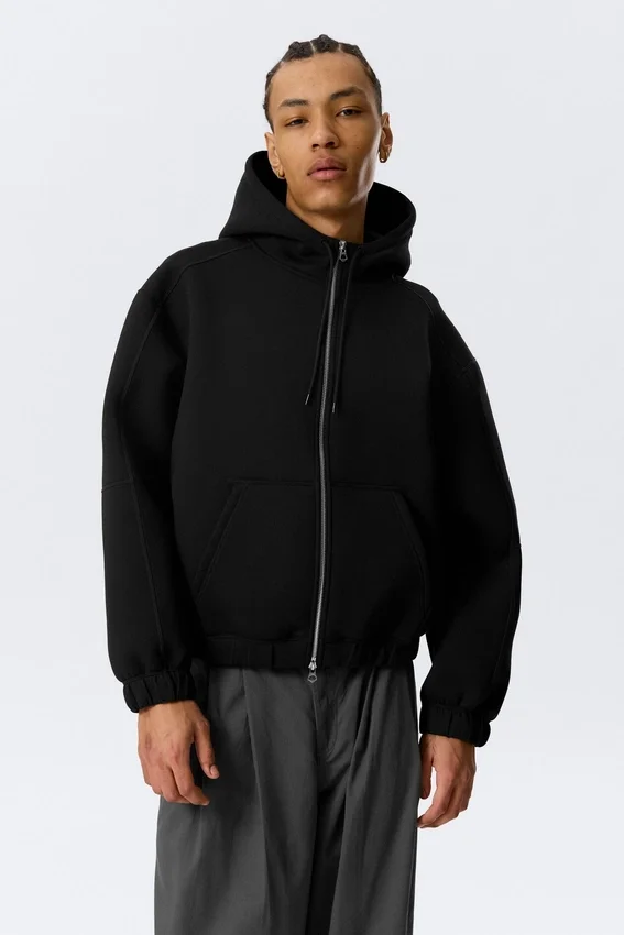 Sudadera con capucha y cremallera de estilo scuba holgada y cuello alto – Negro Sudadera con capucha y cremallera de estilo scuba holgada y cuello alto – Negro