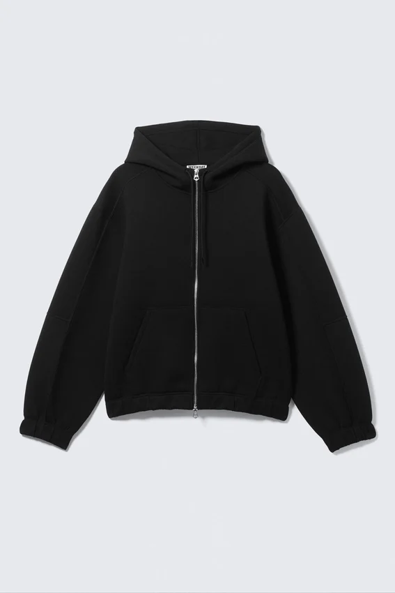Sudadera con capucha y cremallera de estilo scuba holgada y cuello alto – Negro Sudadera con capucha y cremallera de estilo scuba holgada y cuello alto – Negro