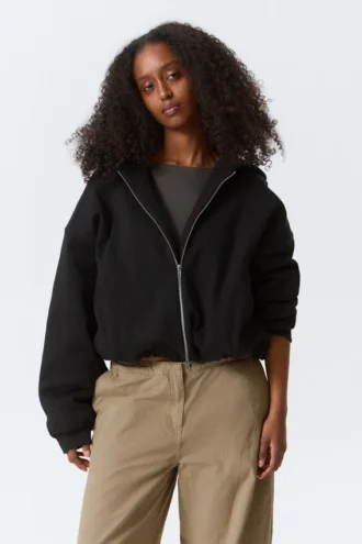 Sudadera con capucha y cremallera de felpa oversize – Negro