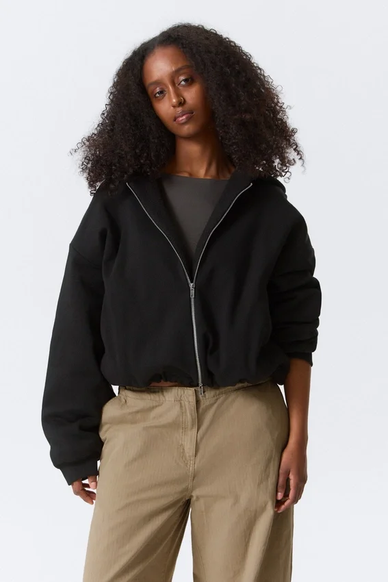 Sudadera con capucha y cremallera de felpa oversize – Negro Sudadera con capucha y cremallera de felpa oversize – Negro