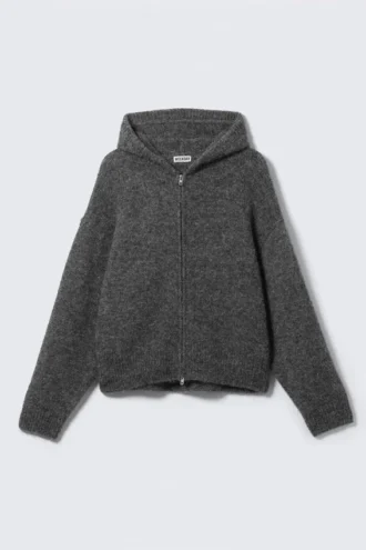 Sudadera con capucha y cremallera de mezcla de lana de corte holgado – Gris oscuro