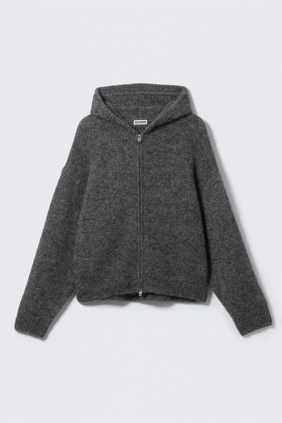 Sudadera con capucha y cremallera de mezcla de lana de corte holgado – Gris oscuro Sudadera con capucha y cremallera de mezcla de lana de corte holgado – Gris oscuro