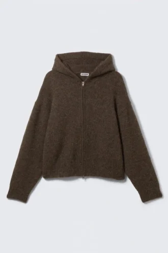 Sudadera con capucha y cremallera de mezcla de lana de corte holgado – Marrón oscuro jaspeado