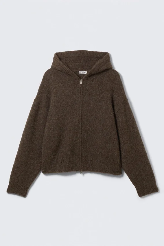 Sudadera con capucha y cremallera de mezcla de lana de corte holgado – Marrón oscuro jaspeado Sudadera con capucha y cremallera de mezcla de lana de corte holgado – Marrón oscuro jaspeado