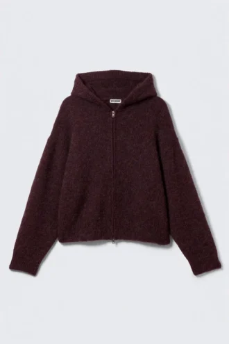 Sudadera con capucha y cremallera de mezcla de lana de corte holgado – Rojo oscuro jaspeado