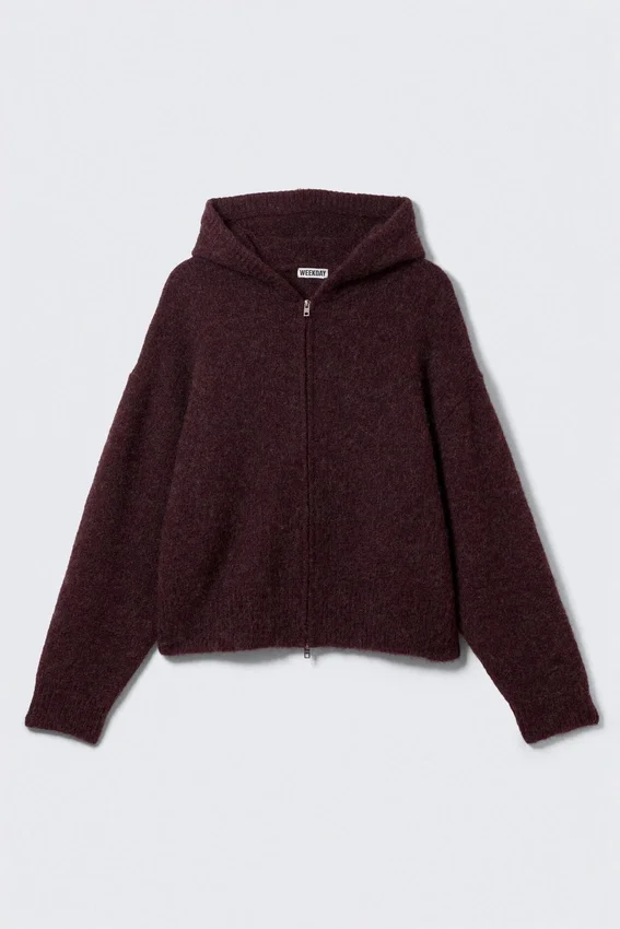Sudadera con capucha y cremallera de mezcla de lana de corte holgado – Rojo oscuro jaspeado Sudadera con capucha y cremallera de mezcla de lana de corte holgado – Rojo oscuro jaspeado