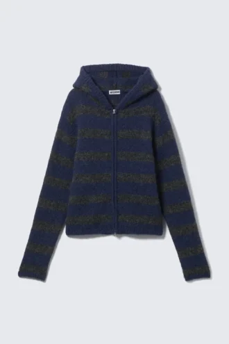 Sudadera con capucha y cremallera de mezcla de lana – Rayas azules y grises