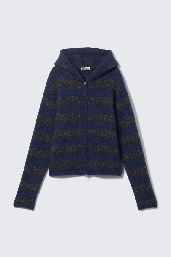 Sudadera con capucha y cremallera de mezcla de lana – Rayas azules y grises Sudadera con capucha y cremallera de mezcla de lana – Rayas azules y grises