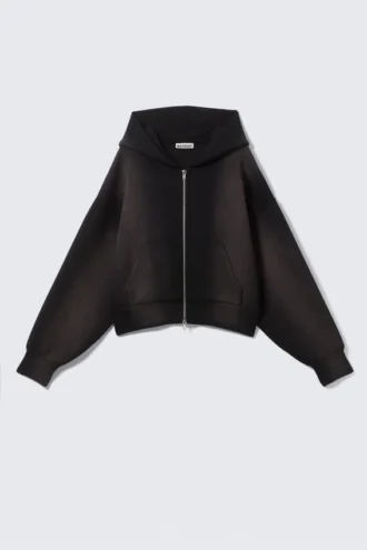 Sudadera con capucha y cremallera de neopreno lavado, corte corto – Lavado con spray negro