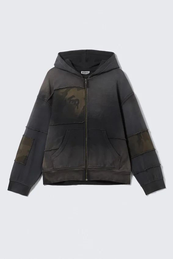 Sudadera con capucha y cremallera de patchwork lavado – Azul oscuro lavado Sudadera con capucha y cremallera de patchwork lavado – Azul oscuro lavado
