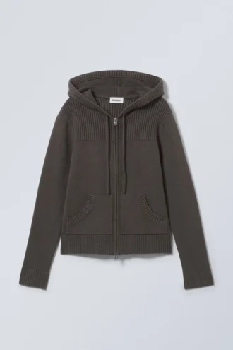 Sudadera con capucha y cremallera de punto compacto – Gris oscuro