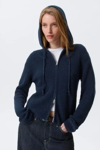 Sudadera con capucha y cremallera de punto, corte entallado – Azul marino oscuro