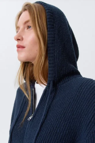 Sudadera con capucha y cremallera de punto, corte entallado – Azul marino oscuro
