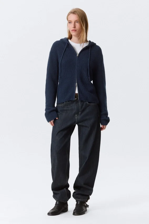 Sudadera con capucha y cremallera de punto, corte entallado – Azul marino oscuro Sudadera con capucha y cremallera de punto, corte entallado – Azul marino oscuro