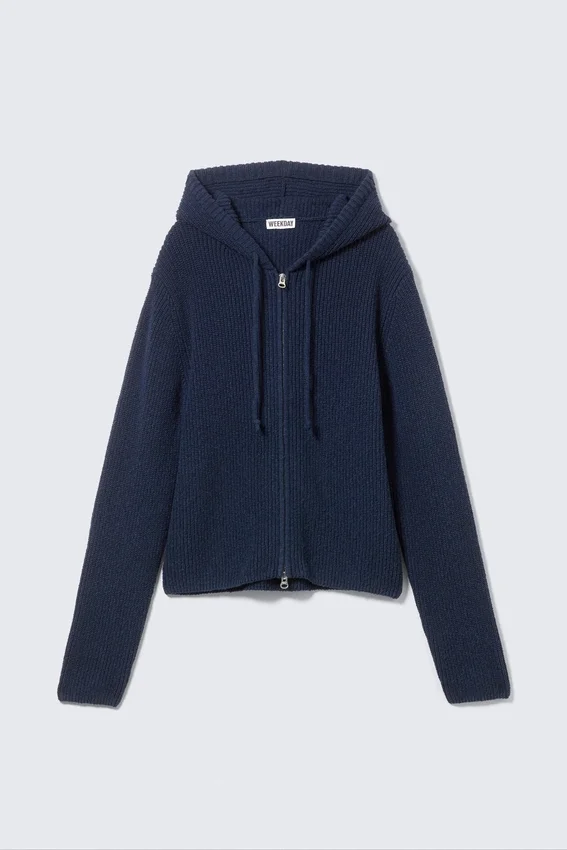 Sudadera con capucha y cremallera de punto, corte entallado – Azul marino oscuro Sudadera con capucha y cremallera de punto, corte entallado – Azul marino oscuro