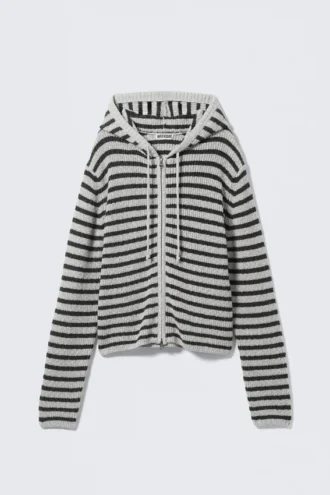 Sudadera con capucha y cremallera de punto, corte entallado – Gris jaspeado a rayas