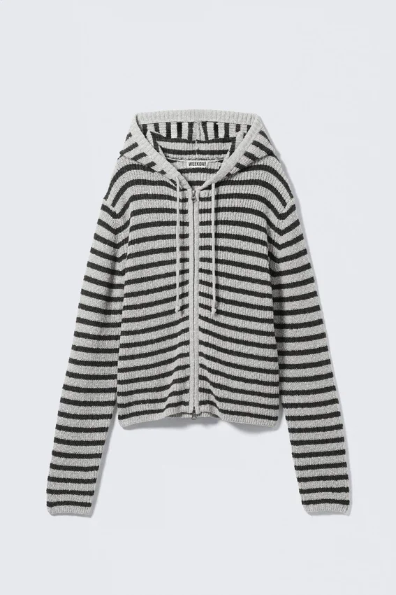 Sudadera con capucha y cremallera de punto, corte entallado – Gris jaspeado a rayas Sudadera con capucha y cremallera de punto, corte entallado – Gris jaspeado a rayas