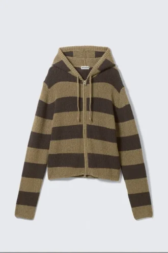Sudadera con capucha y cremallera de punto, corte entallado – Rayas marrones y gris oscuro