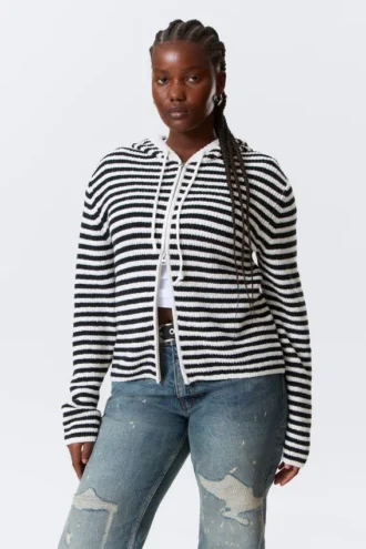 Sudadera con capucha y cremallera de punto de corte entallado – Rayas blancas y negras