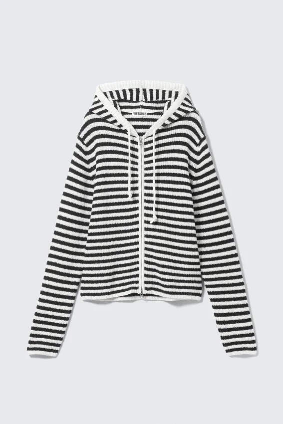 Sudadera con capucha y cremallera de punto de corte entallado – Rayas blancas y negras Sudadera con capucha y cremallera de punto de corte entallado – Rayas blancas y negras