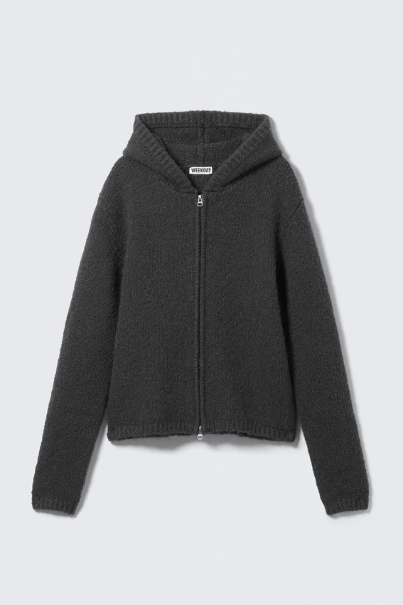 Sudadera con capucha y cremallera de punto de corte recto – Gris oscuro Sudadera con capucha y cremallera de punto de corte recto – Gris oscuro