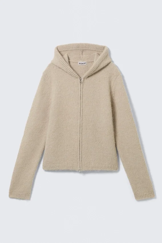 Sudadera con capucha y cremallera de punto holgada – Beige Sudadera con capucha y cremallera de punto holgada – Beige