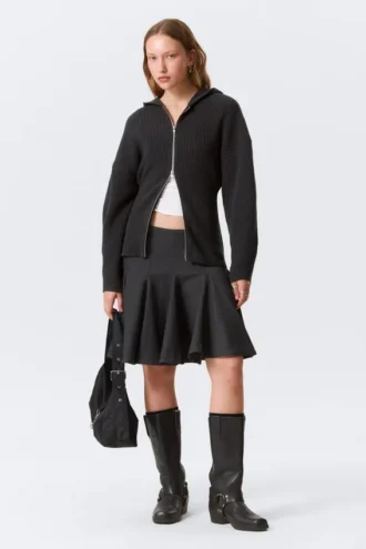 Sudadera con capucha y cremallera de punto largo – Negro