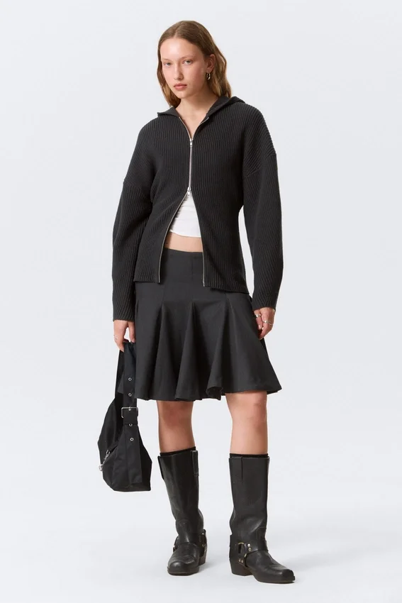 Sudadera con capucha y cremallera de punto largo – Negro Sudadera con capucha y cremallera de punto largo – Negro