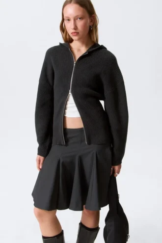 Sudadera con capucha y cremallera de punto largo – Negro