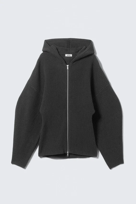 Sudadera con capucha y cremallera de punto largo – Negro Sudadera con capucha y cremallera de punto largo – Negro
