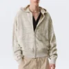 Sudadera con capucha y cremallera de punto texturado de corte recto – Beige claro estampado Sudadera con capucha y cremallera de punto texturado de corte recto – Beige claro estampado